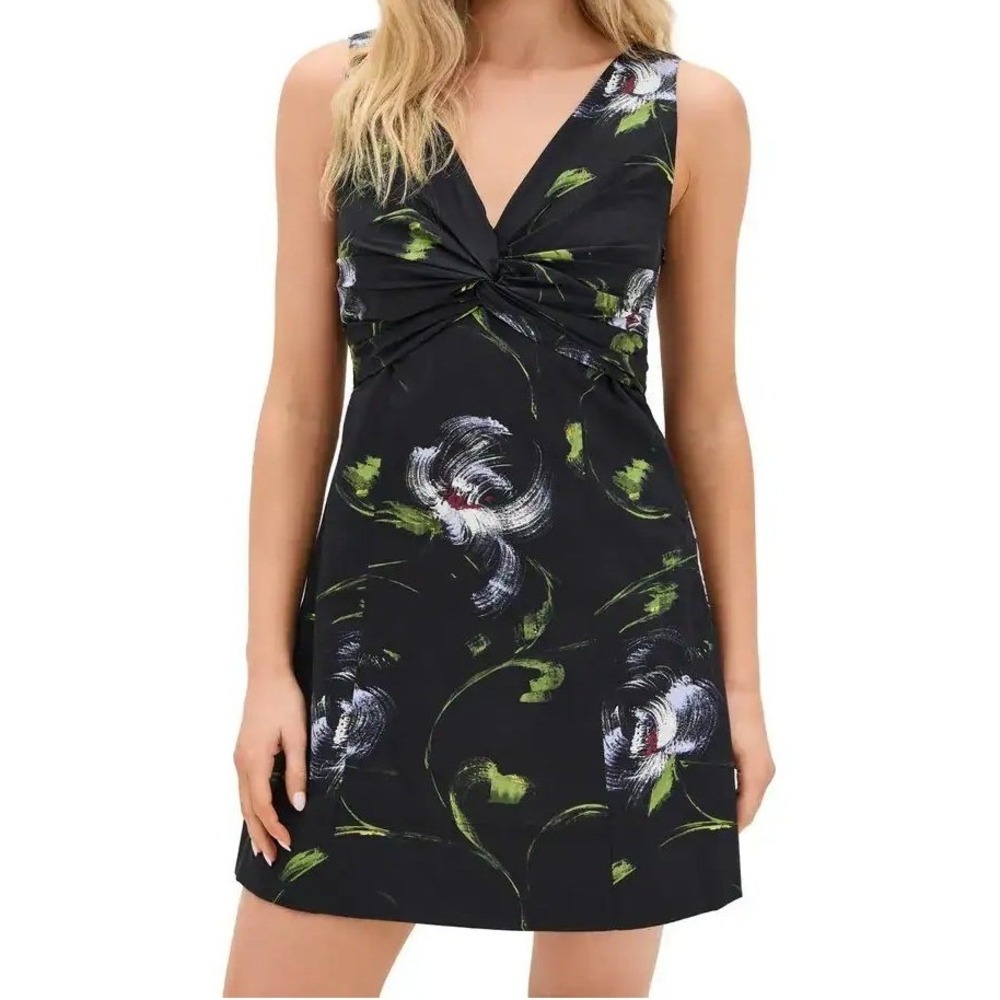 Tanya Taylor Harper Floral Mini Dress Black Sleeveless Knot Front Tie Back 10